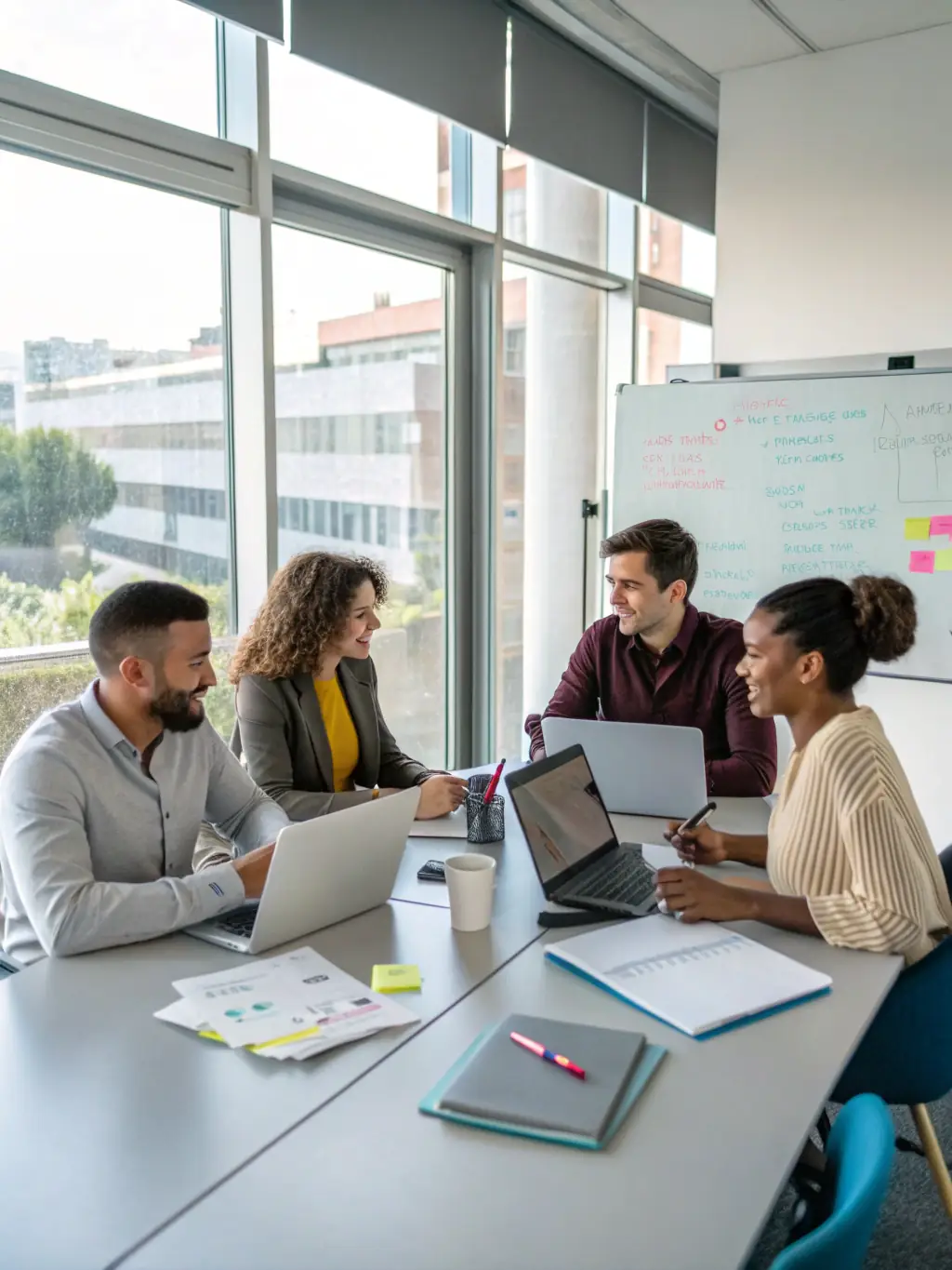 A consultant facilitating a strategic planning session with a diverse team in a modern office setting, emphasizing collaboration and forward-thinking.