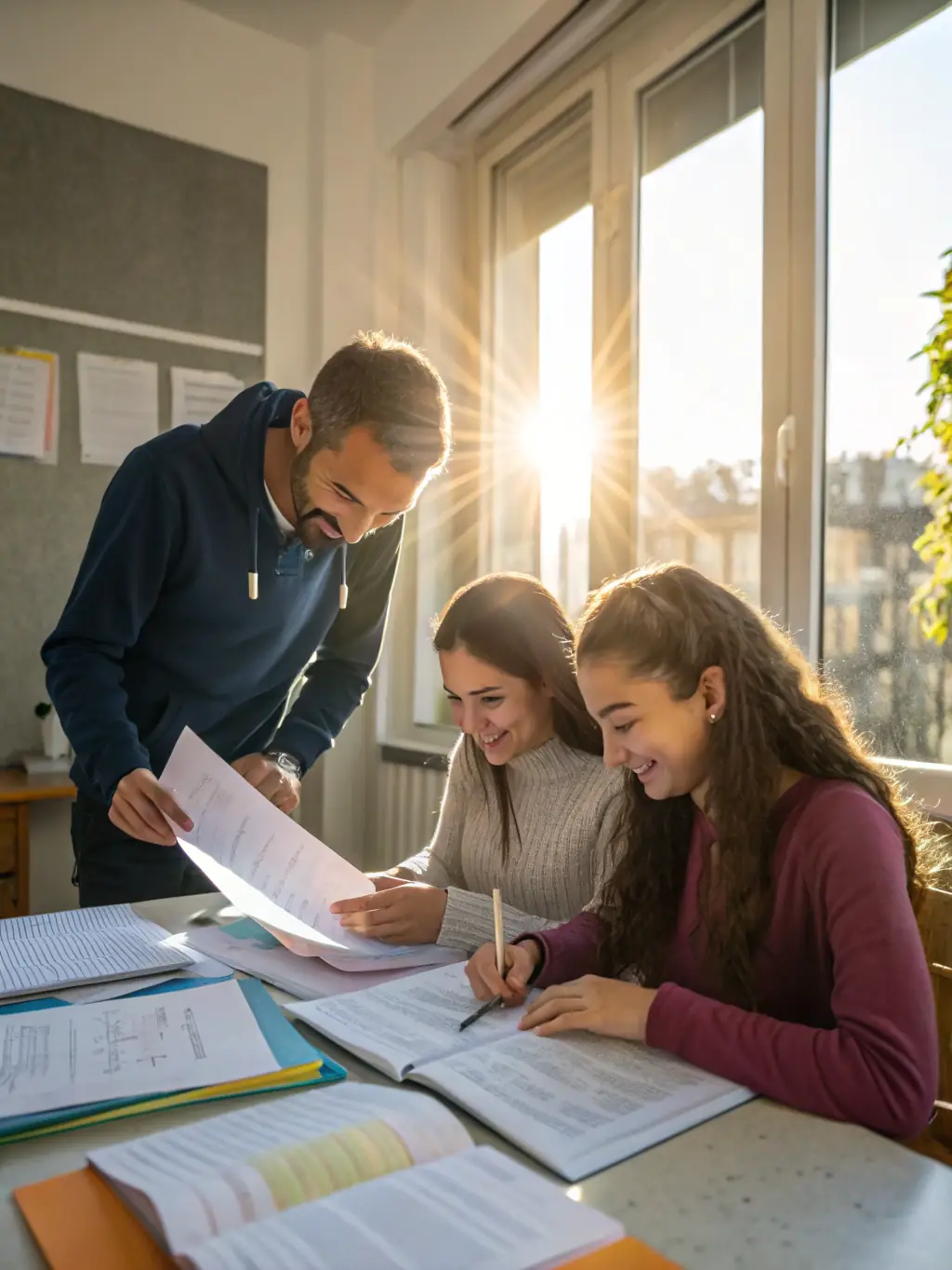 A friendly tutor helping a student with their studies, showcasing personalized attention and a supportive learning environment.
