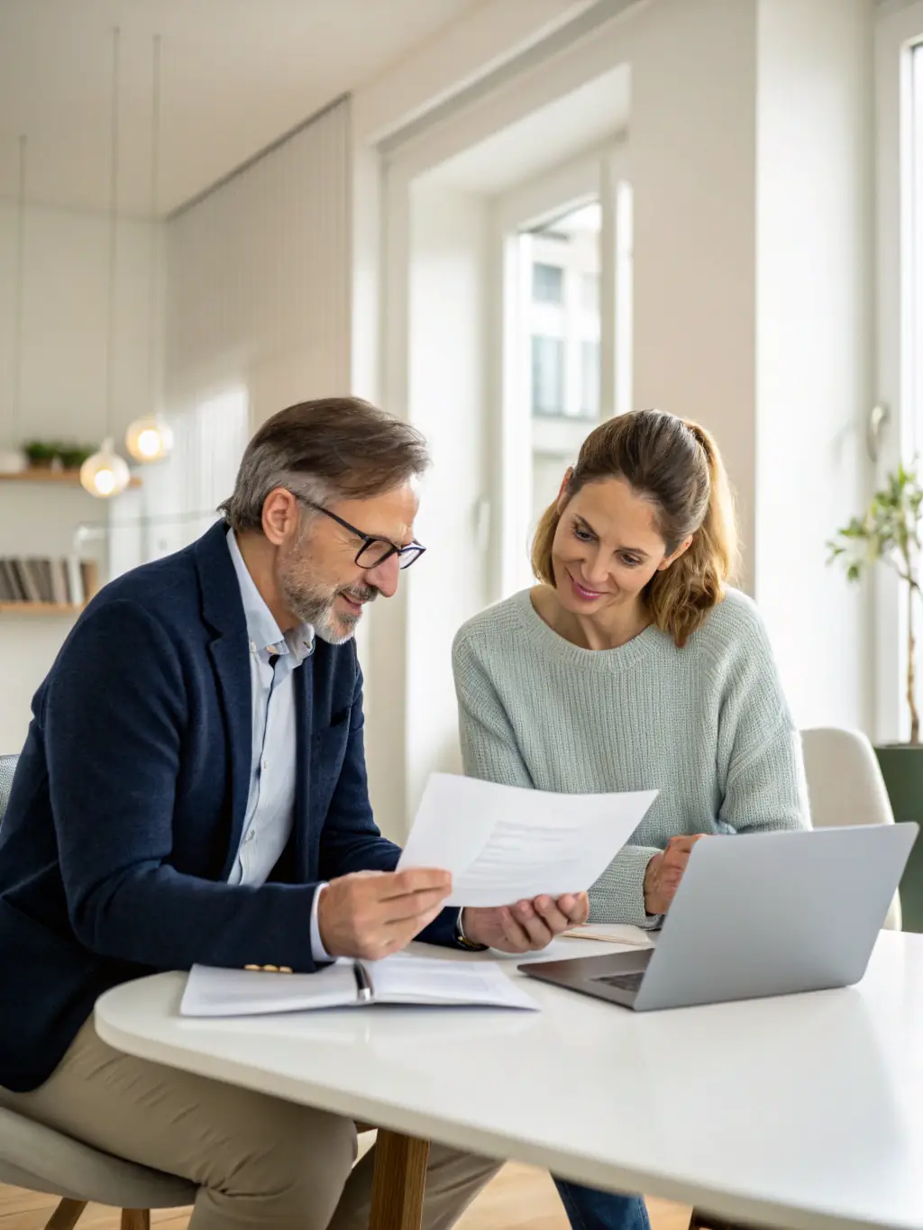 A professional setting showcasing a consultant guiding a client through a business strategy session, emphasizing collaborative problem-solving and strategic decision-making.