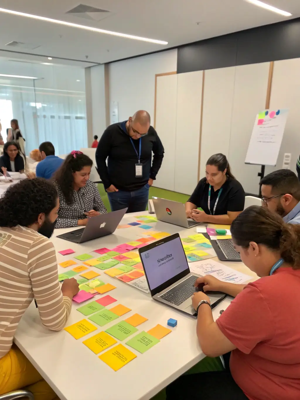 A consultant leading a workshop with a diverse group of employees, brainstorming ideas and using sticky notes on a wall. The image should convey collaboration and team empowerment.