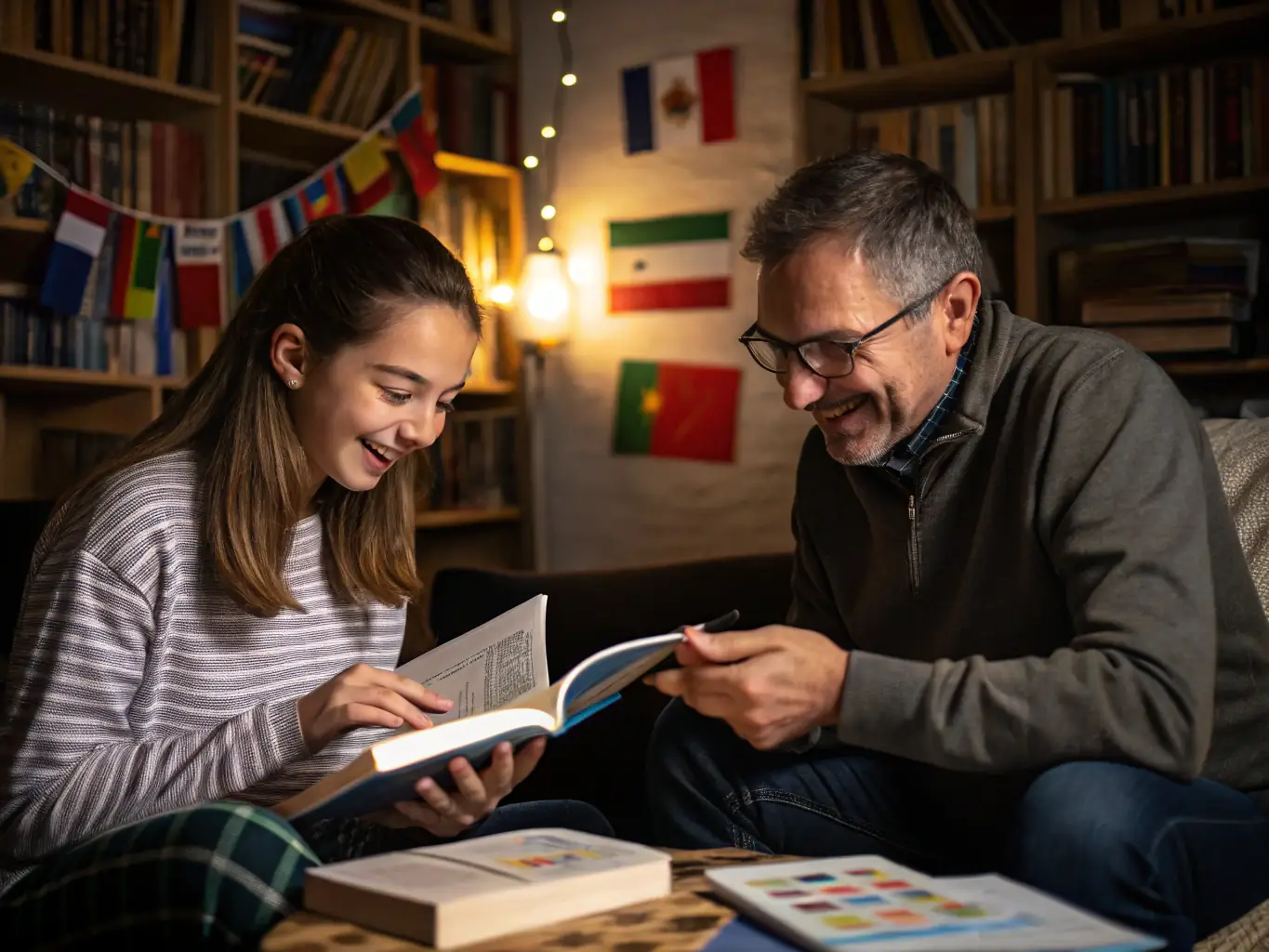 A focused one-on-one language lesson in a bright, modern setting. The student is actively participating, with language learning materials spread across the table, and the tutor is providing guidance.