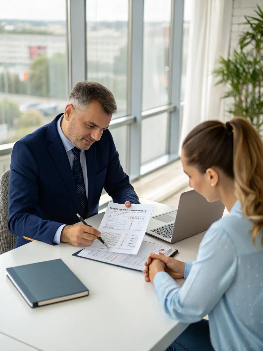 A consultant reviewing financial documents with a business owner at a desk, with a calculator and financial reports visible. The image should convey financial expertise and attention to detail.