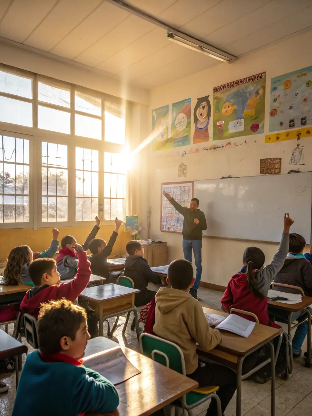 A teacher leading a small group discussion, encouraging open communication and collaborative problem-solving, in a bright and welcoming classroom.