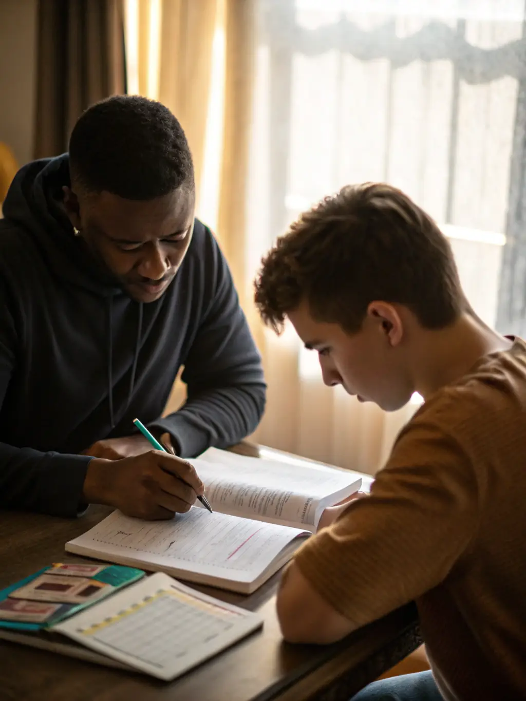 A tutor providing personalized instruction to a student, emphasizing one-on-one attention and customized learning plans, in a quiet study setting.