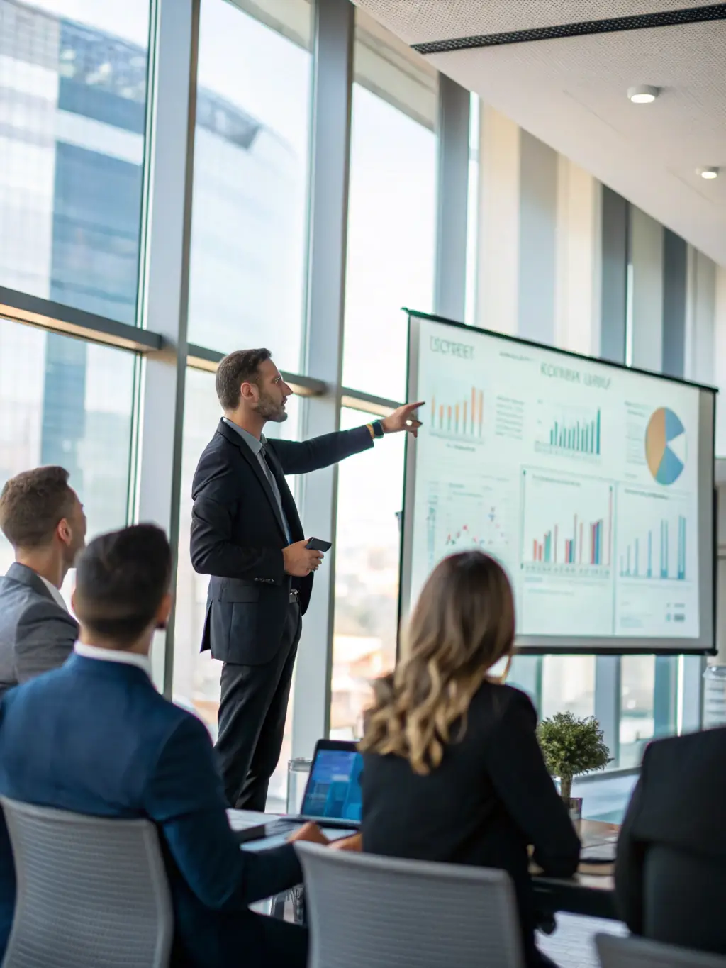 A consultant in a suit, standing in front of a whiteboard covered in strategic planning notes, explaining a concept to a team of business professionals in a modern office setting. The image should convey expertise and strategic thinking.