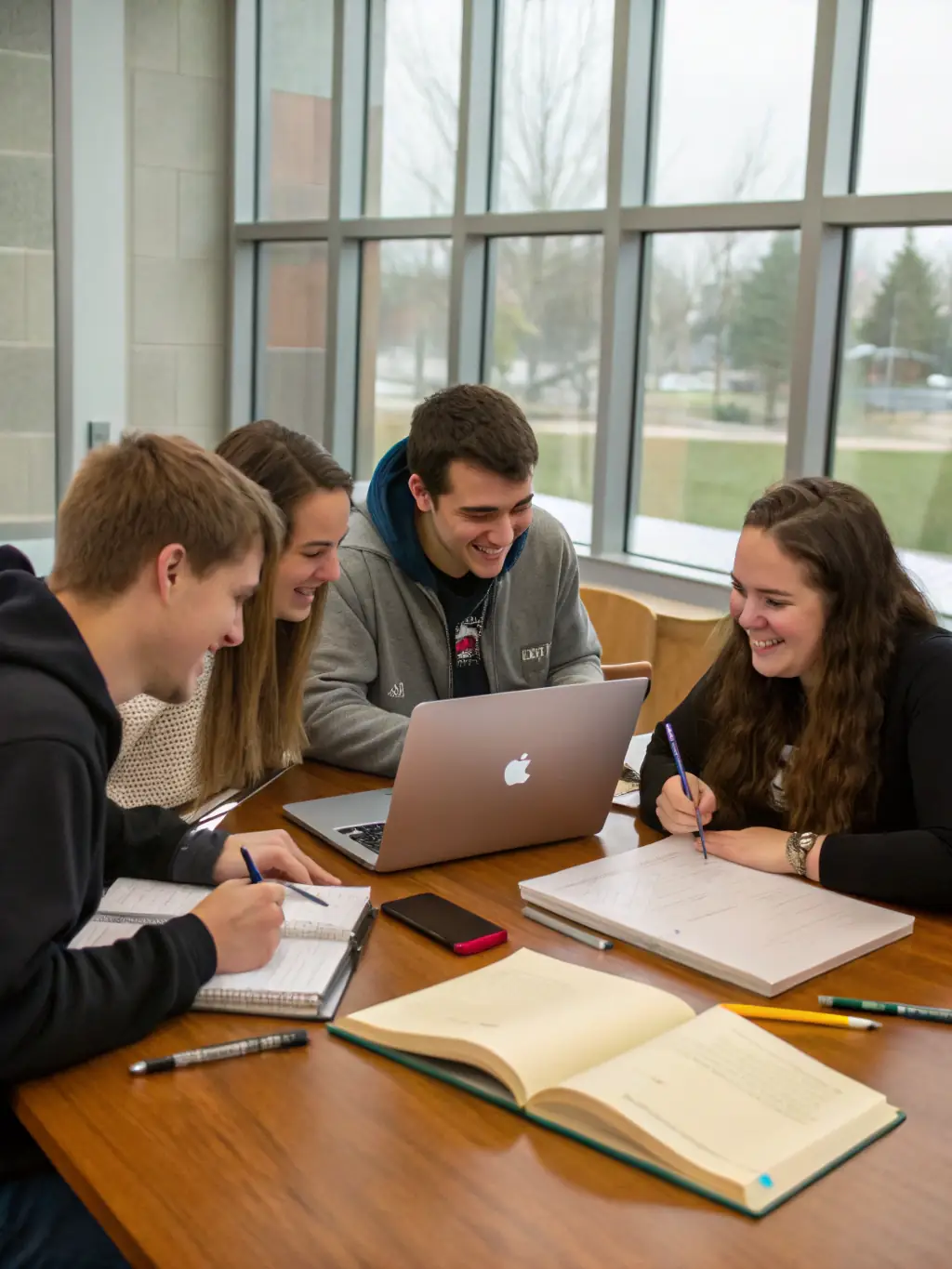 A diverse group of students engaged in an online learning session, using various digital tools and resources, in a comfortable home setting.