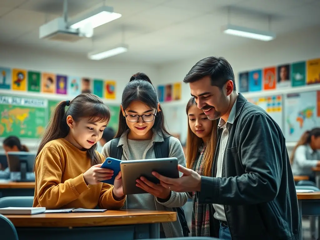 A vibrant image showing students actively participating in a Ramonyz OÜ workshop, using tablets and engaging with the instructor.