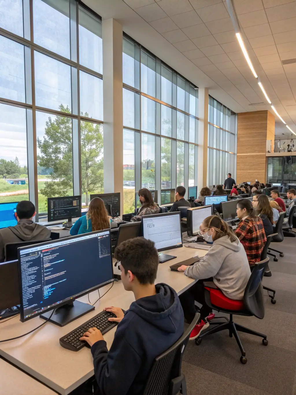 A hands-on technical training session, where participants are actively engaged in learning software development, data analysis, or cybersecurity skills under expert supervision.