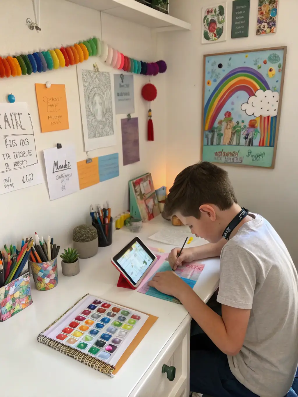 A creative workshop environment where students are learning design principles and digital art techniques, fostering innovation and artistic expression.