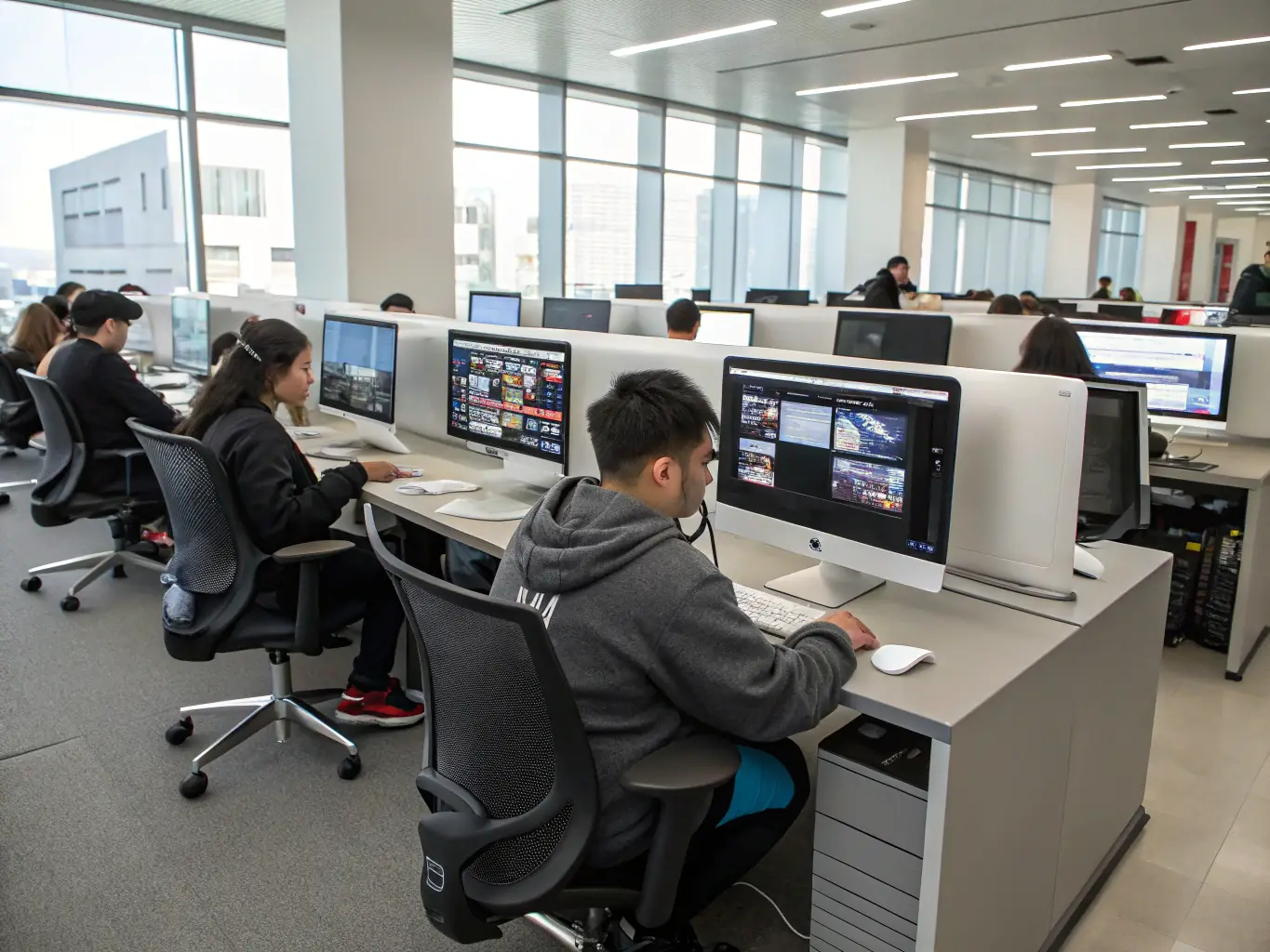 A student receiving technical training on a computer, with the instructor providing hands-on guidance. The setting is a modern tech lab with multiple workstations.