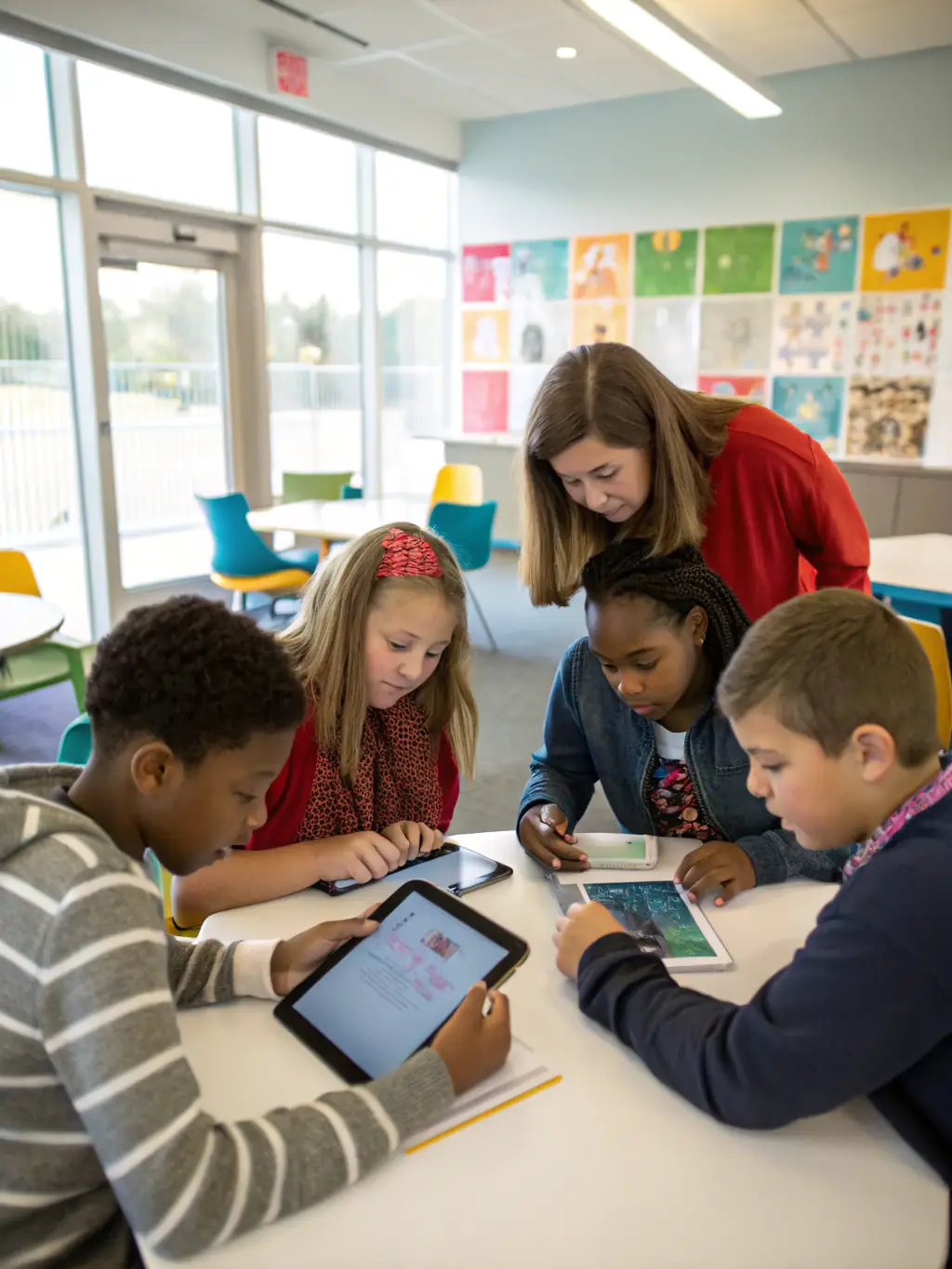 A group of students actively participating in a workshop, with a focus on hands-on learning and collaboration, set in a modern classroom environment.