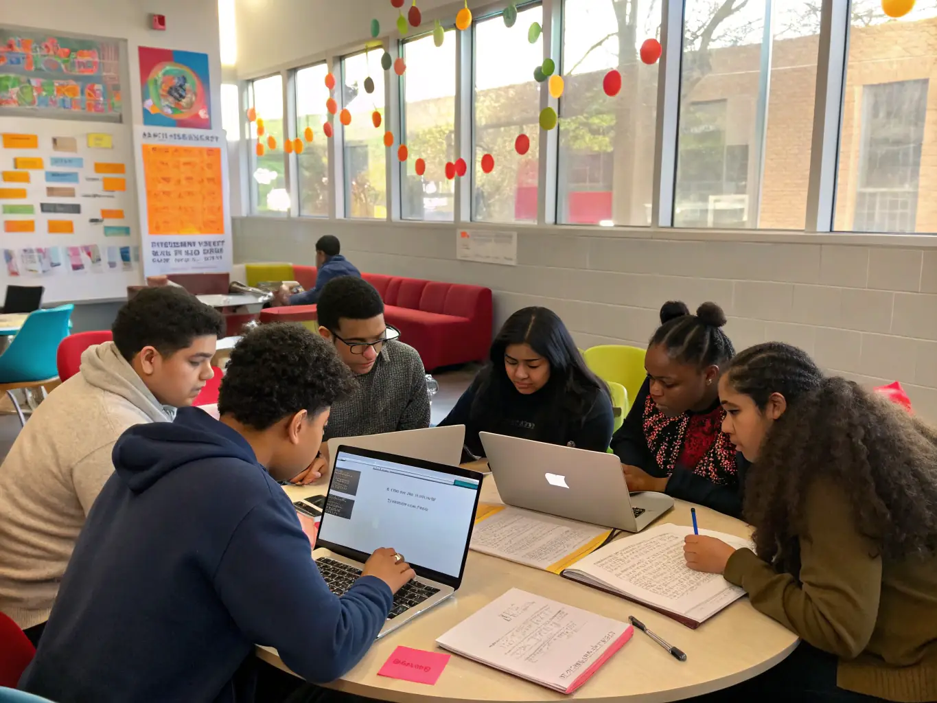 A modern classroom setting with students collaborating on a project, showcasing the use of technology in Ramonyz OÜ's educational programs.