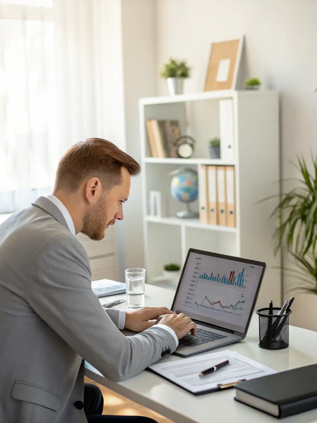 A consultant analyzing data and presenting insights on a dashboard, highlighting process optimization opportunities for a client.